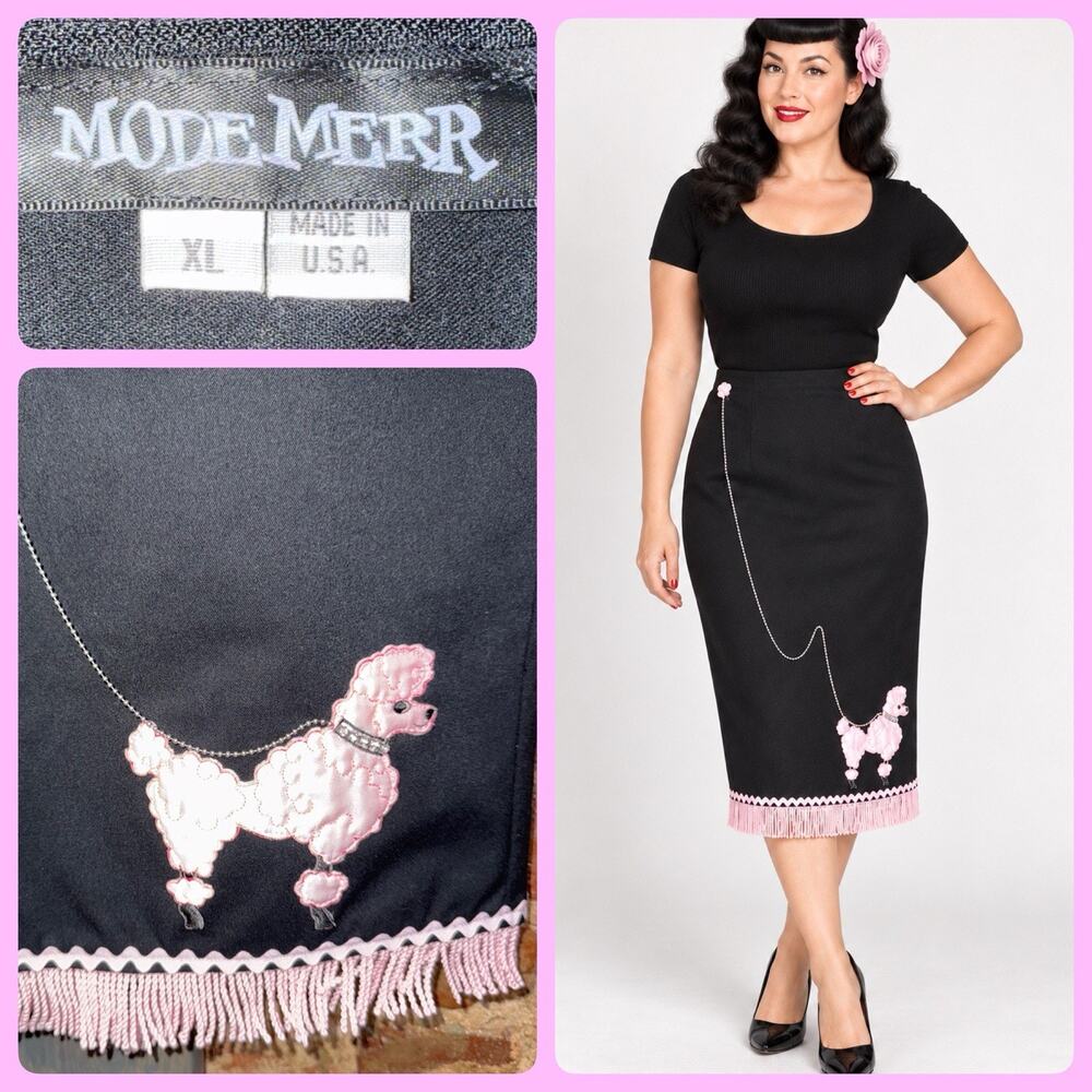 Mode Merr XL Poodle Wiggle Skirt Rockabilly Pinup 50s Retro Made USA Black Pink